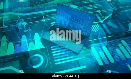 Corporate background with laptop and abstract data. Stock Photo