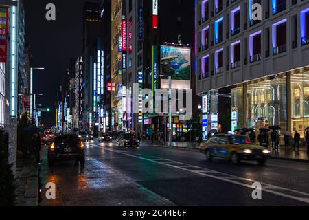 Tokyo / Japan - October 21, 2017: Neon lights of the trendsetting Ginza shopping district in central Tokyo, Japan Stock Photo