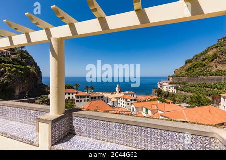 Portugal, Madeira Island, Ribeira Brava, Ponta do Sol, View of town and sea Stock Photo
