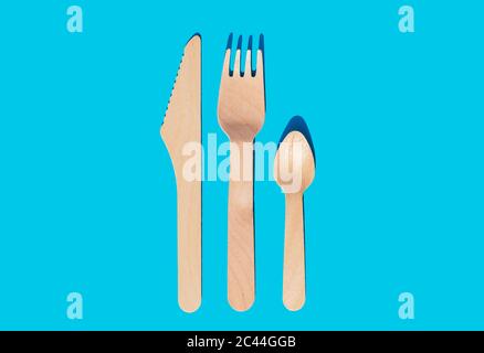 Wooden cutlery, fork, knife and spoon to take away organic and ecological zero waste Stock Photo