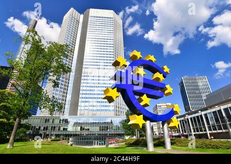 Euro sign at European Central Bank headquarters skyscraper in modern financial business district in Frankfurt city, Germany Stock Photo