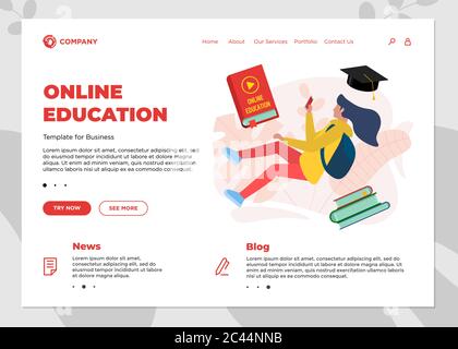 Online education course landing page template. E-learning website mockup with student teenager female and play video sign on cover book. Remote learning and internet studying knowledge webinar concept Stock Vector