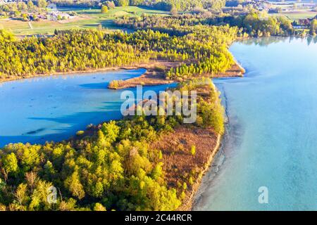 Germany, Bavaria, Inning am Ammersee, Drone view of forested shore of Worth island Stock Photo