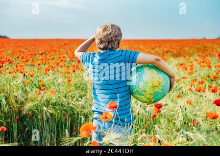 Rear view of boy holding globe in poppy field on sunny day Stock Photo