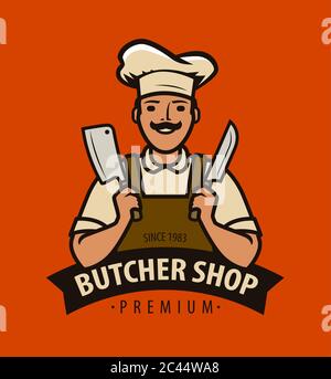 Butcher shop logo or label. Chef with kitchen knives vector illustration Stock Vector