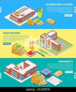 Investment in education concept vector flat isometric horizontal banner set Stock Vector