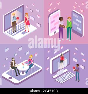 Online dating vector flat isometric poster, banner set Stock Vector