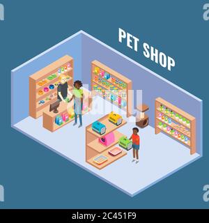 Pet shop cutaway interior vector flat isometric illustration Stock Vector