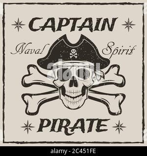 Pirate captain skull and crossbones vector sketch grunge illustration Stock Vector
