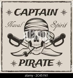 Pirate captain skull and crossed swords vector sketch grunge illustration Stock Vector