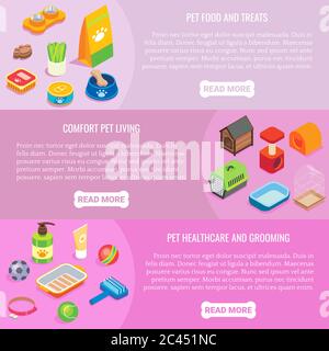 Pet store vector flat isometric horizontal banner set Stock Vector