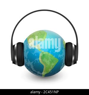 Music planet earth with headphones, vector realistic illustration Stock Vector