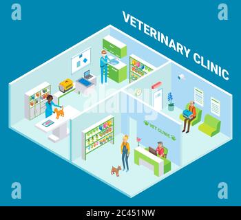 Veterinary clinic cutaway interior vector flat isometric illustration Stock Vector