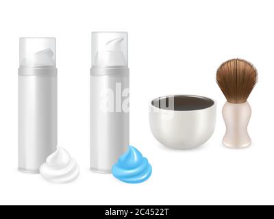 Vector shaving gel foam bottles, shaving brush, mug mockup set Stock Vector