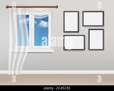 Vector realistic living room with white plastic window and curtains Stock Vector