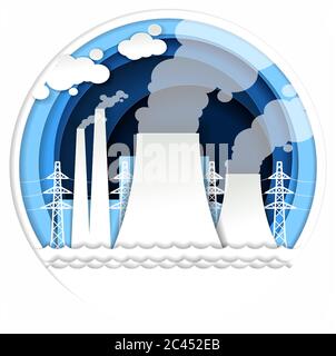 Thermal power plant vector illustration in paper art style Stock Vector