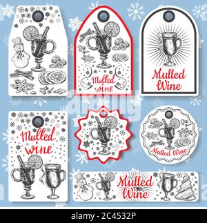 Hand drawn mulled wine vector gift tags set. Black and white sketch badges and logo with wine glass. Menu cards design templates in retro vintage Stock Vector