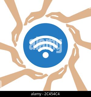 wifi symbol in the middle of human hands vector illustration EPS10 Stock Vector