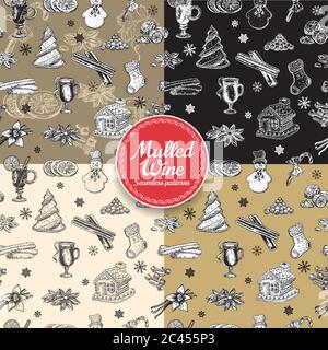 Holiday Christmas and New Year seamless pattern set. Vector illustration of wrapping paper in doodle style design. Graphic icons with mulled wine and Stock Vector