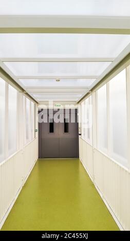 Corridor with green carpet and transparent wall in an hospital, France Stock Photo