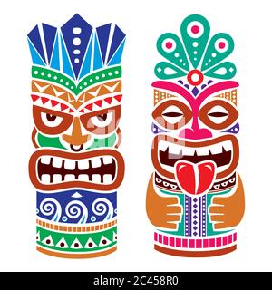 Tiki pole totem vector color design - traditional statue decor set from Polynesia and Hawaii, tribal folk art background Stock Vector