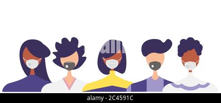 Humans with protective masks flat vector illustrations set. Group of humans wearing medical masks to prevent disease, flu, air pollution, contaminated Stock Vector