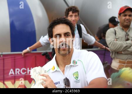 Mitchell Johnson with his moustache signed autographs for Australian fans in front of the Sydney Opera House as they celebrated the 5-0 Ashes Test vic Stock Photo