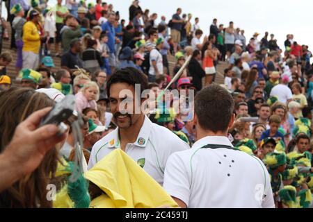 Mitchell Johnson with his moustache (pictured with captain Michael Clarke) signed autographs for Australian fans in front of the Sydney Opera House as Stock Photo