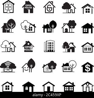 Set of house icons. Buildings line icons with tree. Vector Illustration. Stock Vector