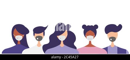 Humans with protective masks flat vector illustrations set. Group of humans wearing medical masks to prevent disease, flu, air pollution, contaminated Stock Vector