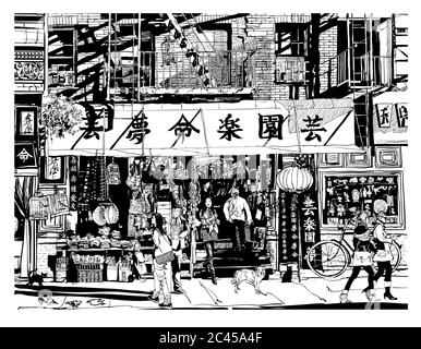 Typical street in chinatown in New York - vector illustration (Ideal for printing on fabric or paper, poster or wallpaper, house decoration) all chine Stock Vector