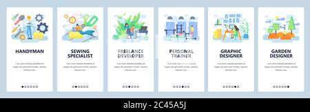 Different professions icon set. Freelance developer, graphic designer, fitness trainer. Mobile app screens. Vector banner template for website and Stock Vector