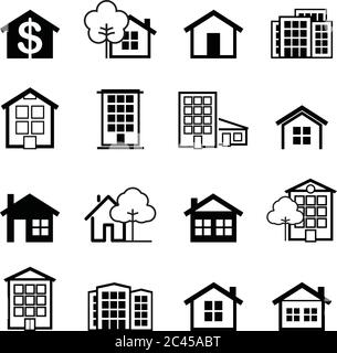 Set of house icons. Buildings line icons with tree. Vector Illustration. Stock Vector