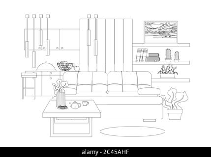 Studio apartment interior vector illustration in line art style Stock Vector