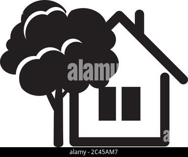 Black house icons. Building line icon with tree. Vector Illustration. Stock Vector