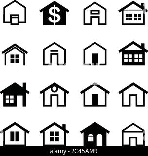 Set of house icons. Buildings line icons with tree. Vector Illustration. Stock Vector