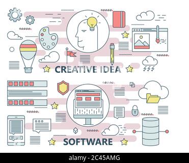 Vector thin line flat creative idea and software concept banners Stock Vector