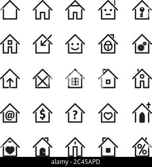 Set of house icons. Buildings line icons with tree. Vector Illustration. Stock Vector