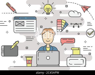Vector thin line flat style banner with Design process concept Stock Vector
