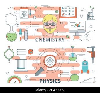 Vector thin line flat design chemistry and physics concept banners Stock Vector