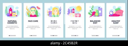 Healthy lifestyle, natural organic cosmetics, face and body care, diet, healthy sleep. Mobile app screens. Vector banner template for website and Stock Vector