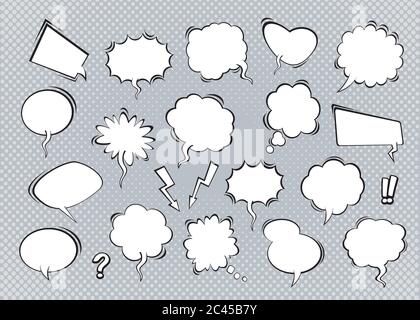 Set of comic speech bubbles with shadow on grey background. Vector Illustration and graphic elements. Stock Vector