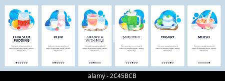 Healthy breakfast meal. Organic healthy food icons set. Kefir, yogurt, granola milk, muesli. Mobile app screens. Vector banner template for website Stock Vector