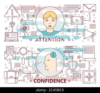 Vector thin line flat design attention and confidence concept banners Stock Vector