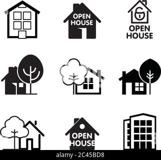 Set of house icons. Buildings line icons with tree. Vector Illustration. Stock Vector