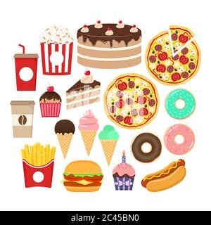 Fast food icons set. Burger, popcorn, french fries, soda, donut and hot dog colorful cartoon set. Chocolate glazed cake, ice cream, coffee cup and cup Stock Vector