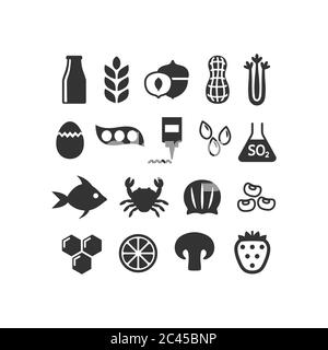 Black isolated food allergens icon set. Food allergy symbols vector silhouette set. Stock Vector