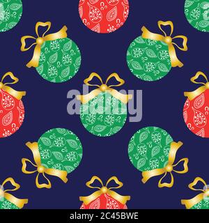 Cheerful paisley baubles vector seamless pattern background. Decorative Christmas tree ornaments with gold bows on dark backdrop. Hand drawn doodle Stock Vector