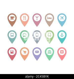 Location pin pointer vector set with cafe, restaurant, hotel, bus icons. Location pin markers with airport, train station, bank, hospital signs. Stock Vector