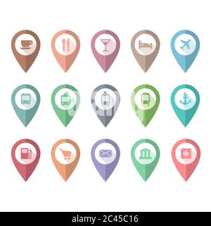 Location pin pointer vector set with cafe, restaurant, hotel, bus icons. Location pin markers with airport, train station, bank, hospital signs. Stock Vector